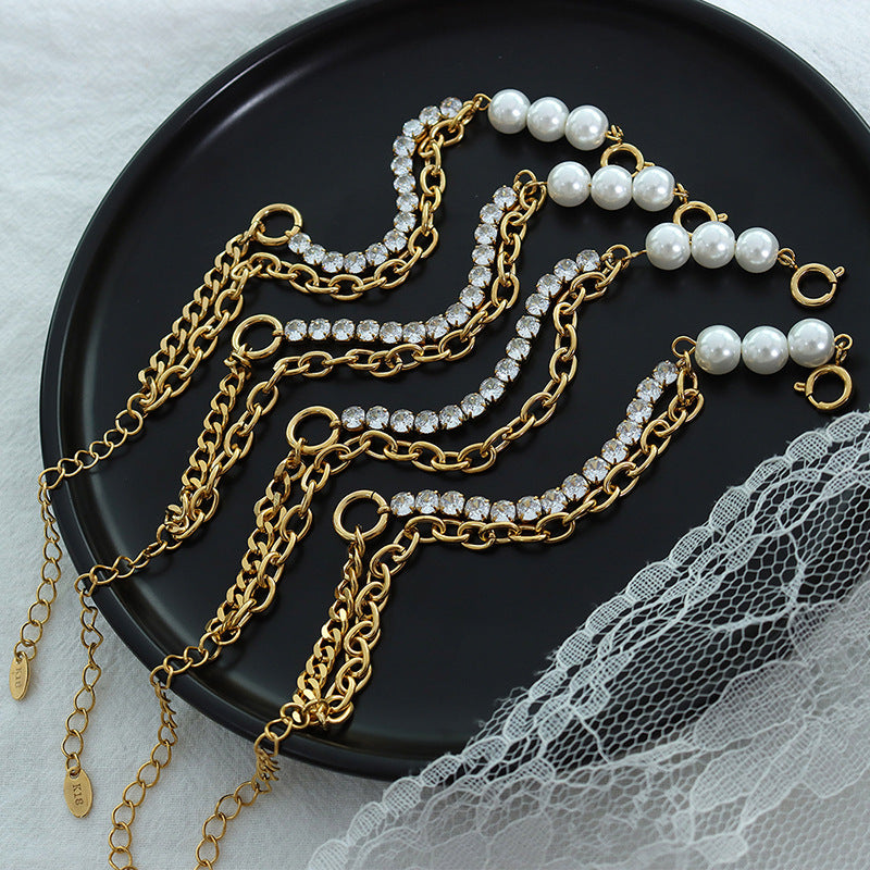 Cold wind light luxury fashion trend imitation pearl zircon bracelet titanium steel plated 18K real gold E029