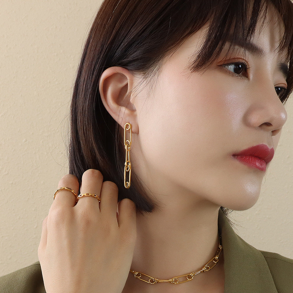 Marka Paper Clip Chain Neck Collar Titanium Steel 18k Gold Bracelet Earrings E245-P1046-F449