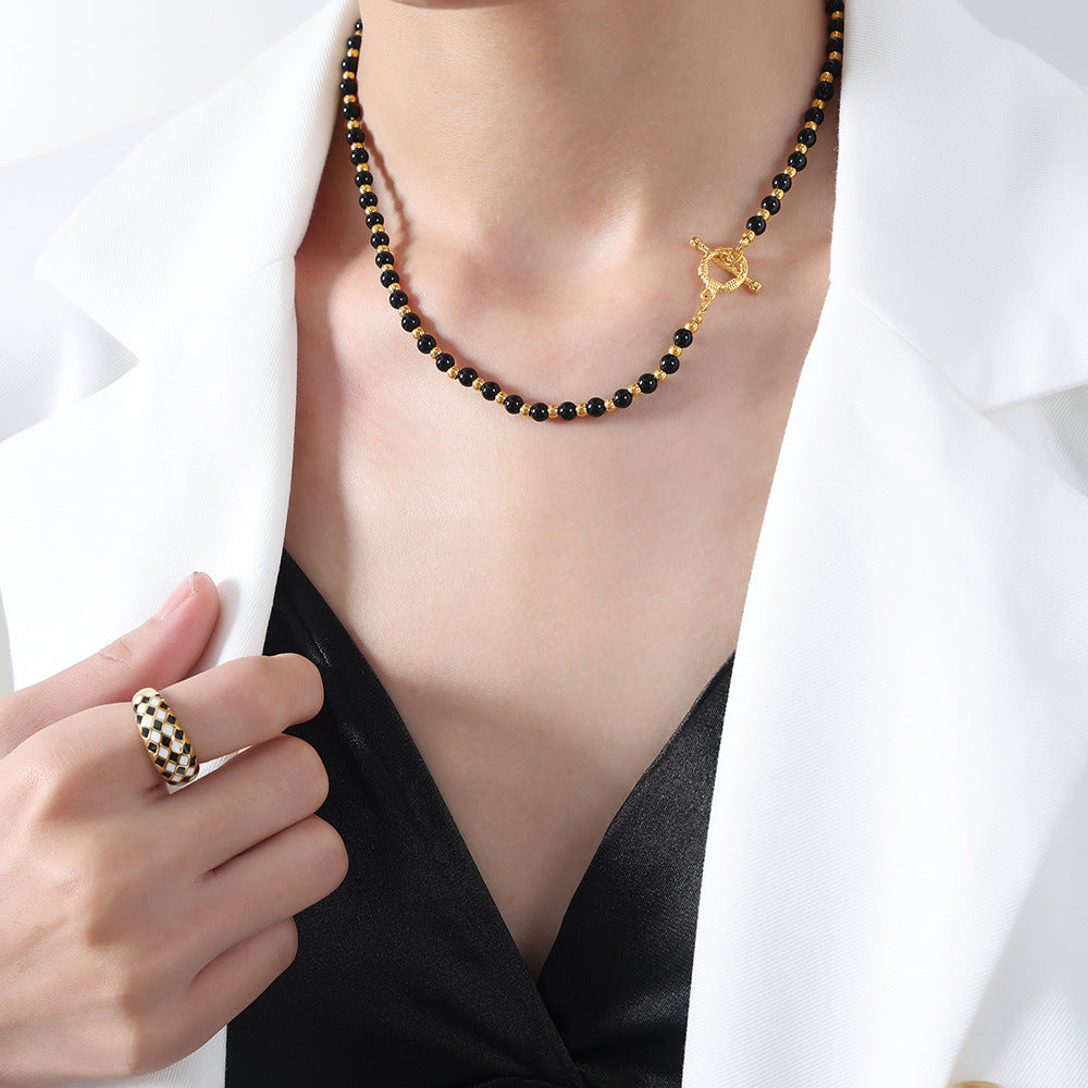 New light luxury high-end niche design black agate handmade beaded titanium steel bead necklace female pp