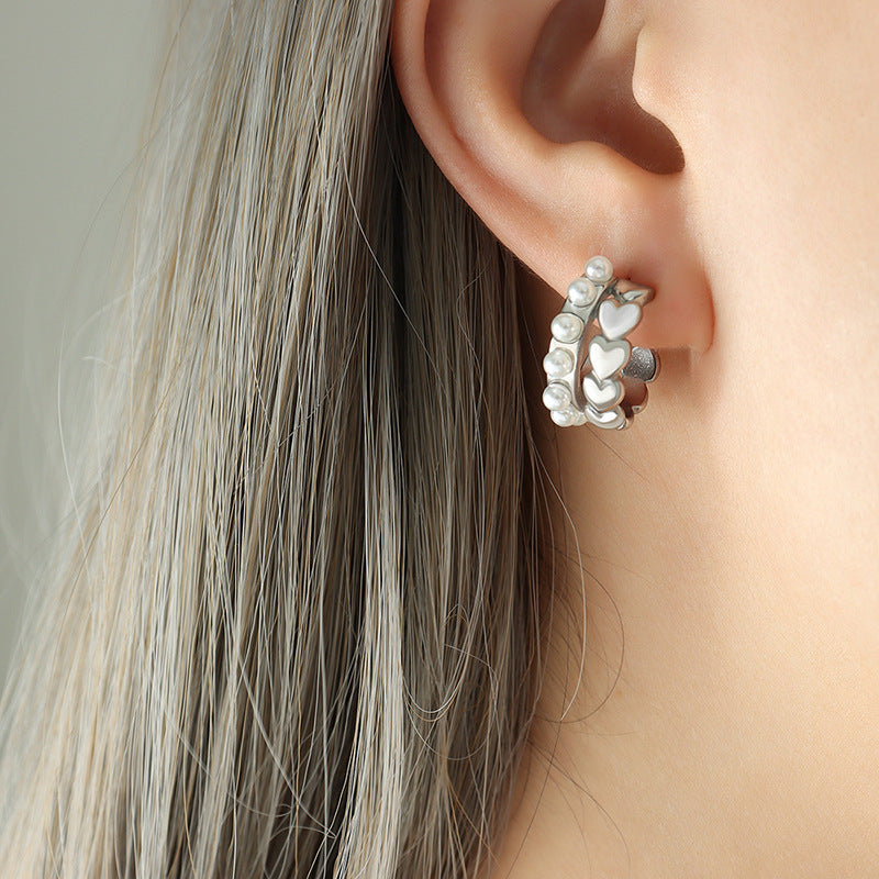 Court style gentle gentle and pleasant imitation pearl earrings, geometric C-shaped love lines personalized stud earrings