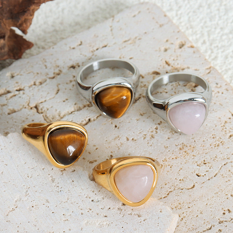 Hot-selling natural powder spar natural tiger's eye retro light luxury elegant couple ring titanium steel ring 99