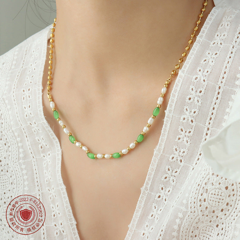 Trendy green opal with freshwater pearl titanium steel beaded necklace girls fashion versatile accessories pp