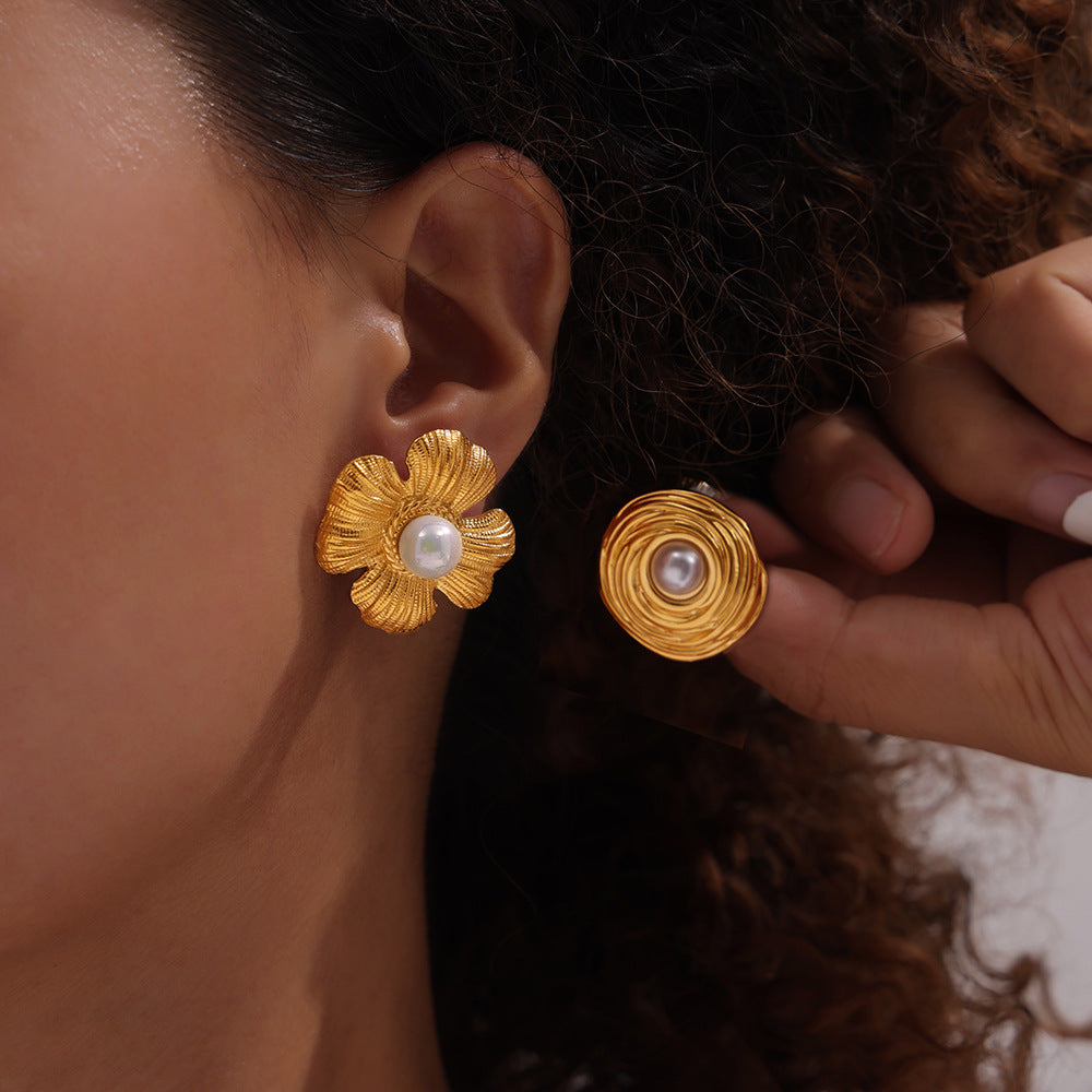 Retro style niche geometric texture design sense earrings inlaid beads flower round brand shape titanium steel gold-plated earrings
