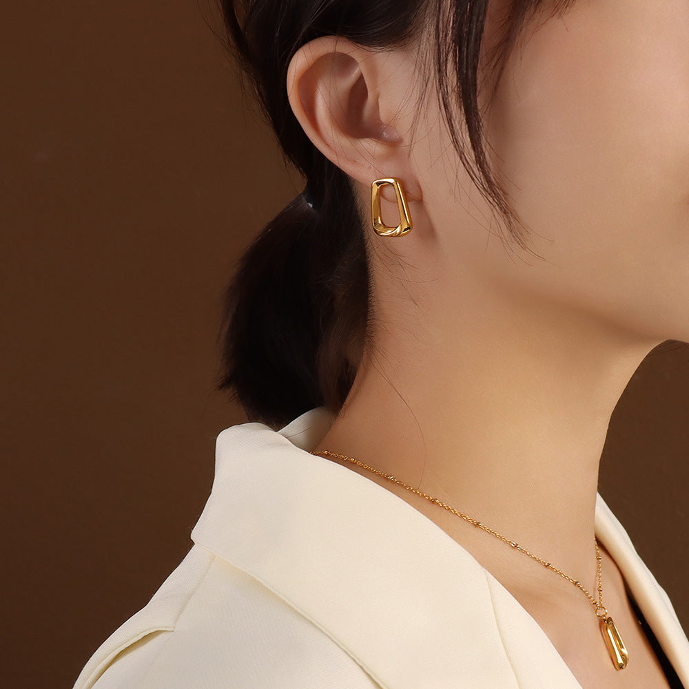 Marka Jewelry Geometric Square Necklace Clavicle Chain Titanium Steel 18k Gold Earrings Stud Earrings Jewelry Set