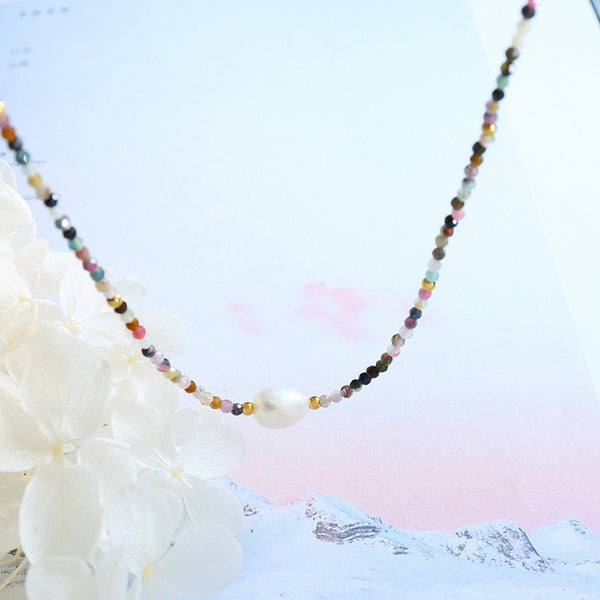 Tourmaline Colorful Natural Stone Beaded Freshwater Pearl Pendant Necklace Vintage Niche Design Art Jewelry
