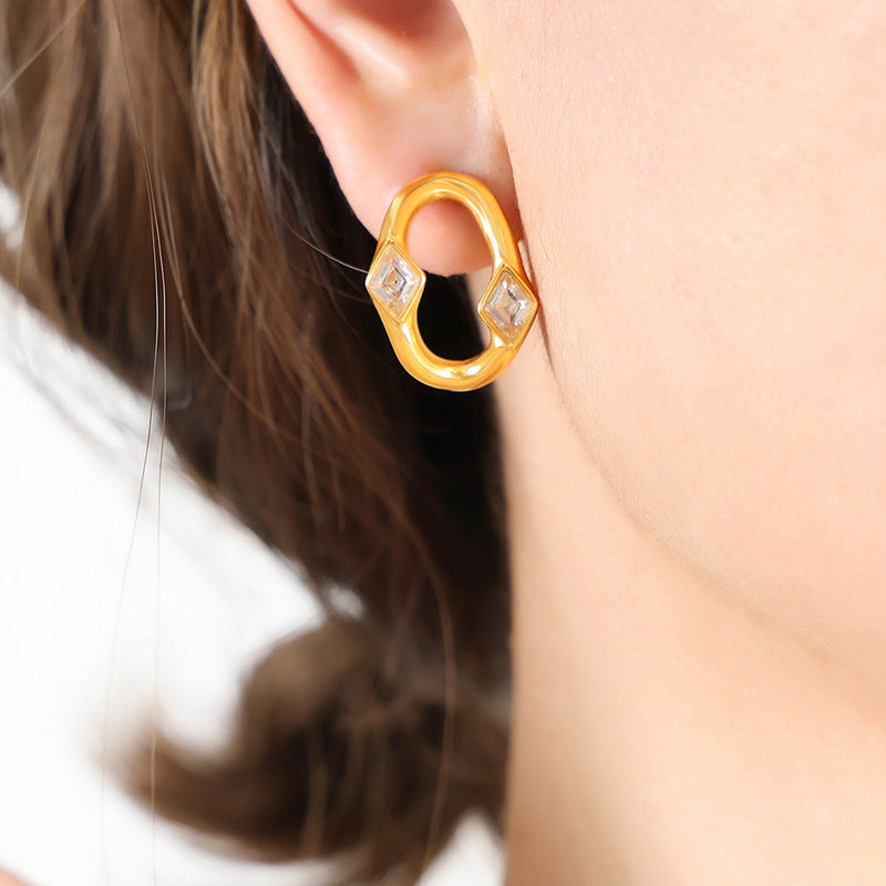Geometric smooth plain circle niche design titanium steel inlaid rhombus zircon fashion non-fading earrings women's jewelry