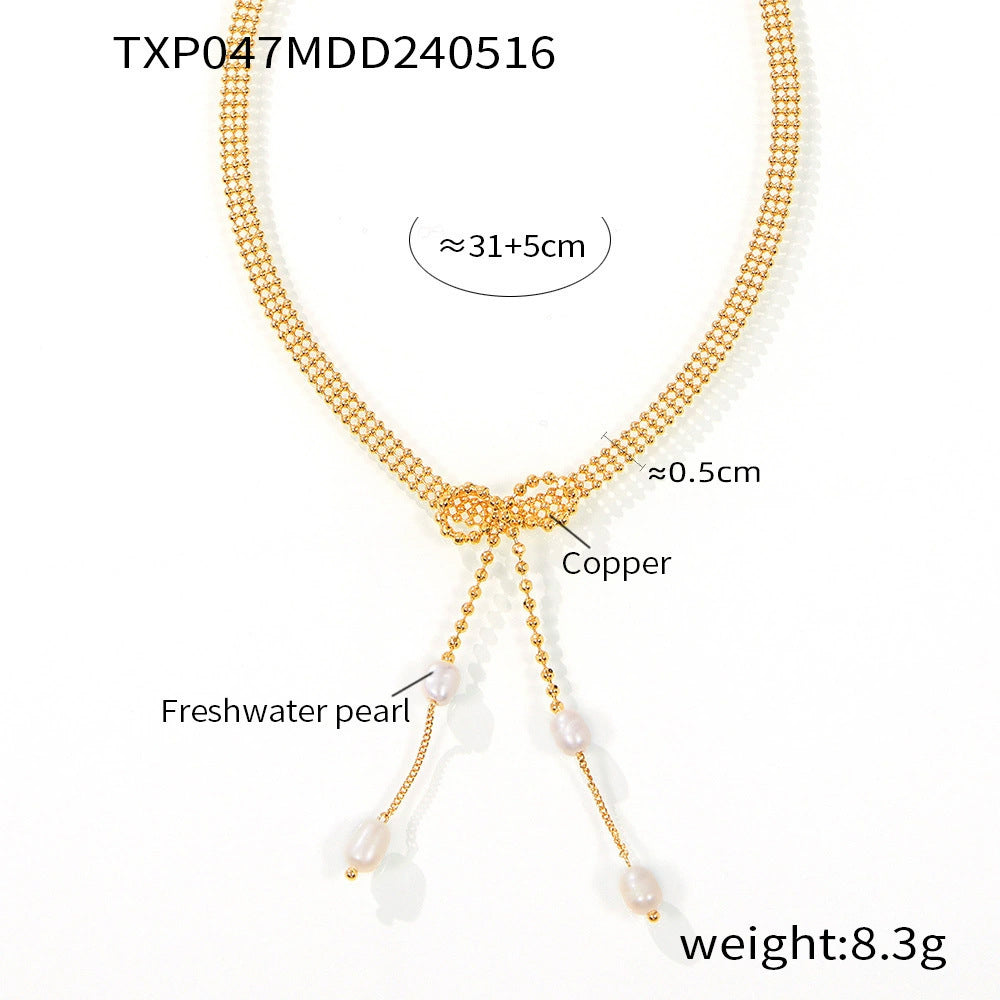 Bow stud earrings fringed freshwater pearl necklace stainless steel plated 18K real gold niche sweet wind set