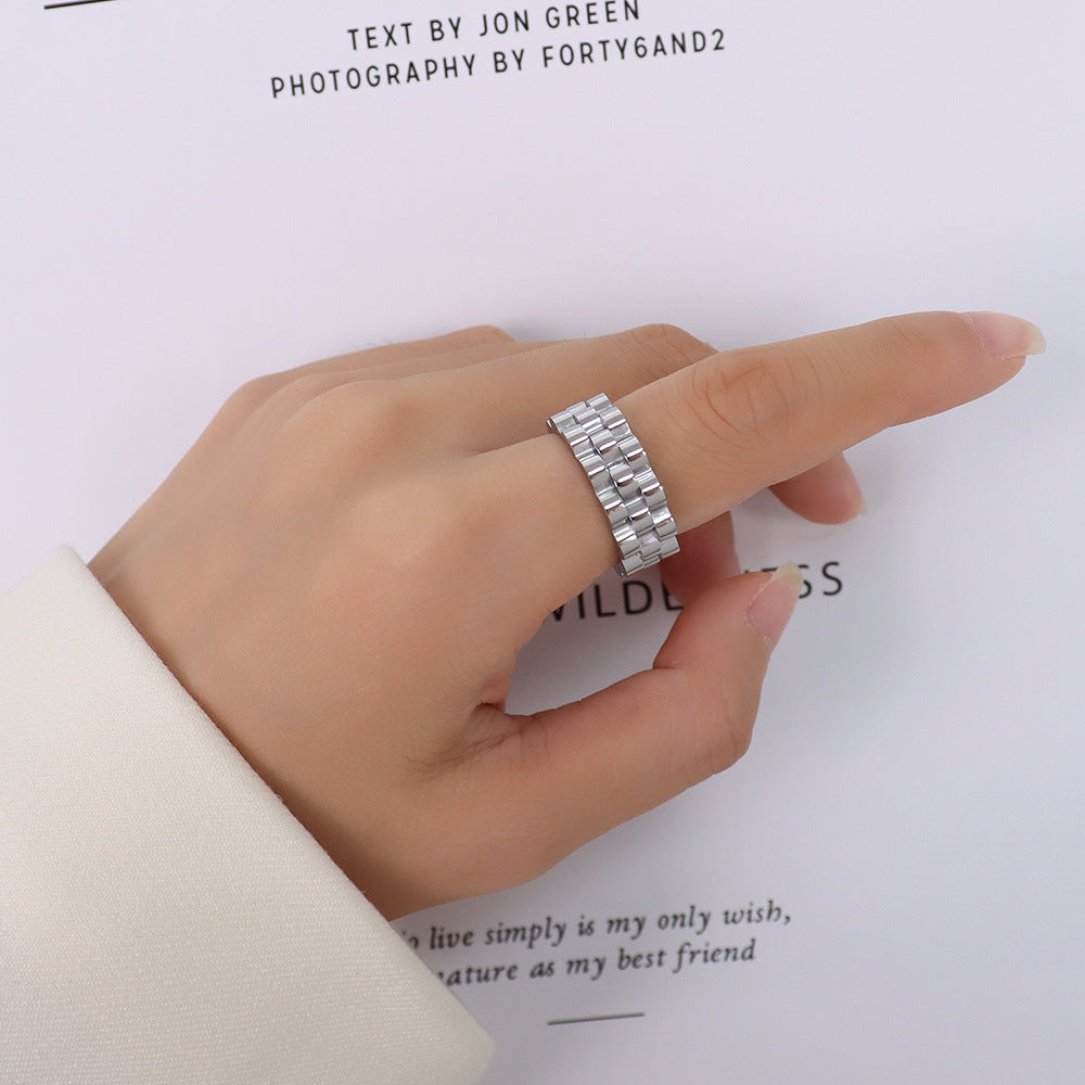 Exaggerated cold ins wind thick strap retro feeling non-fading ring titanium steel plated 18k gold ring pp