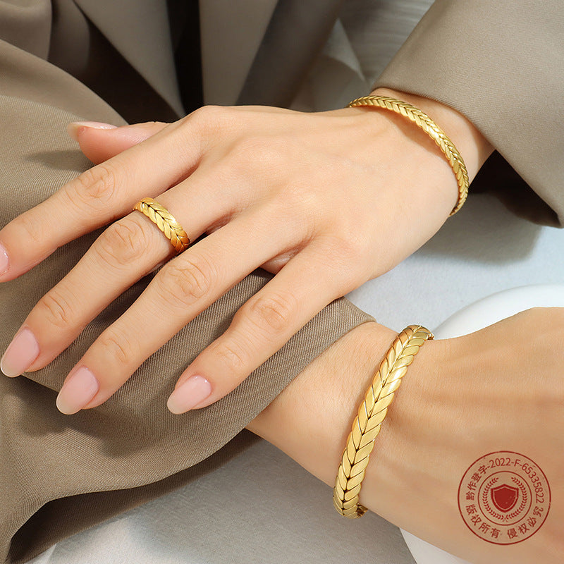 Non-fading opening design wheat ear bracelet personalized ring titanium steel gold-plated jewelry set Z192-A150