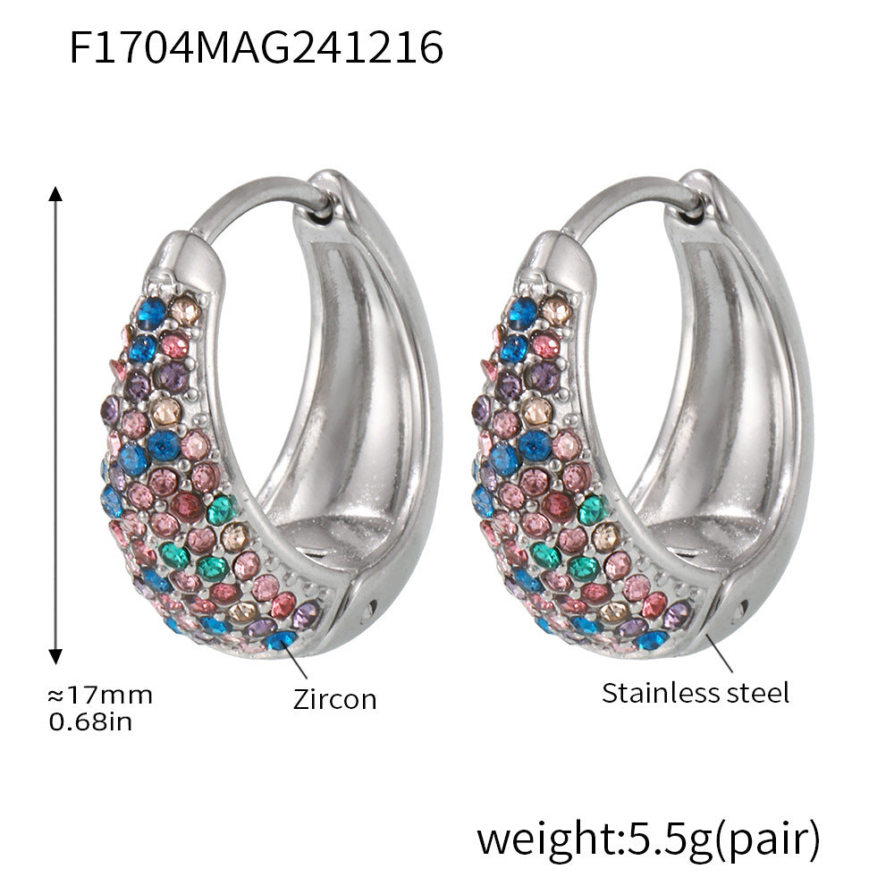 Blue Turquoise Colorful Zircon Circle Earrings Temperament Ear Buckles Commuter Earrings Stainless Steel Electroplated 18K Real Gold