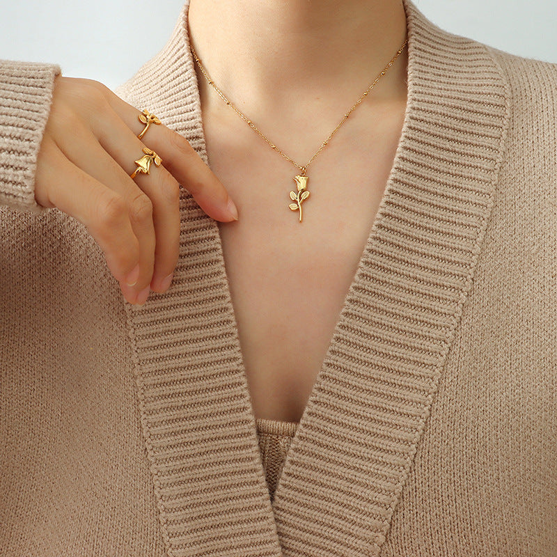 Trendy versatile fashion sweet Internet celebrity accessories, rose ring necklace jewelry set wholesale pp