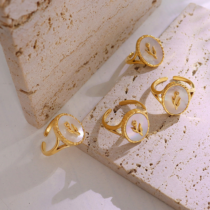 Trend cold wind copper material white sea shell open ring niche light luxury temperament jewelry A316