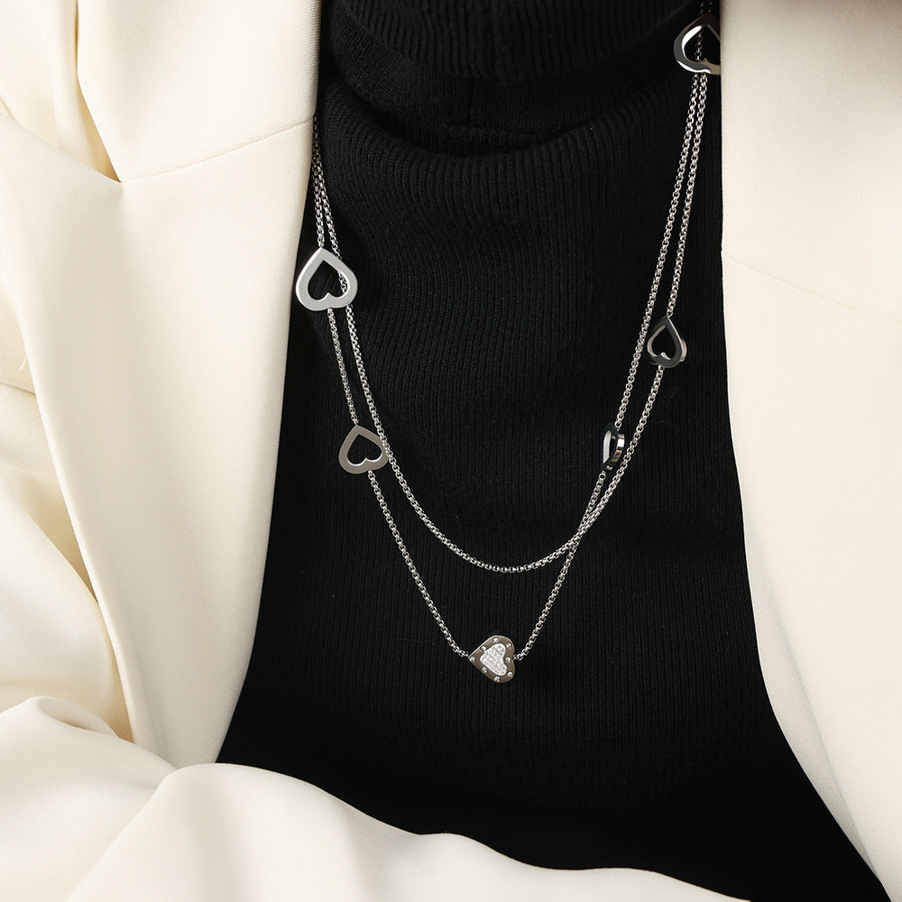 New high-end fashion versatile niche design titanium steel gold-plated double-layer love sweater chain necklace jewelry pp