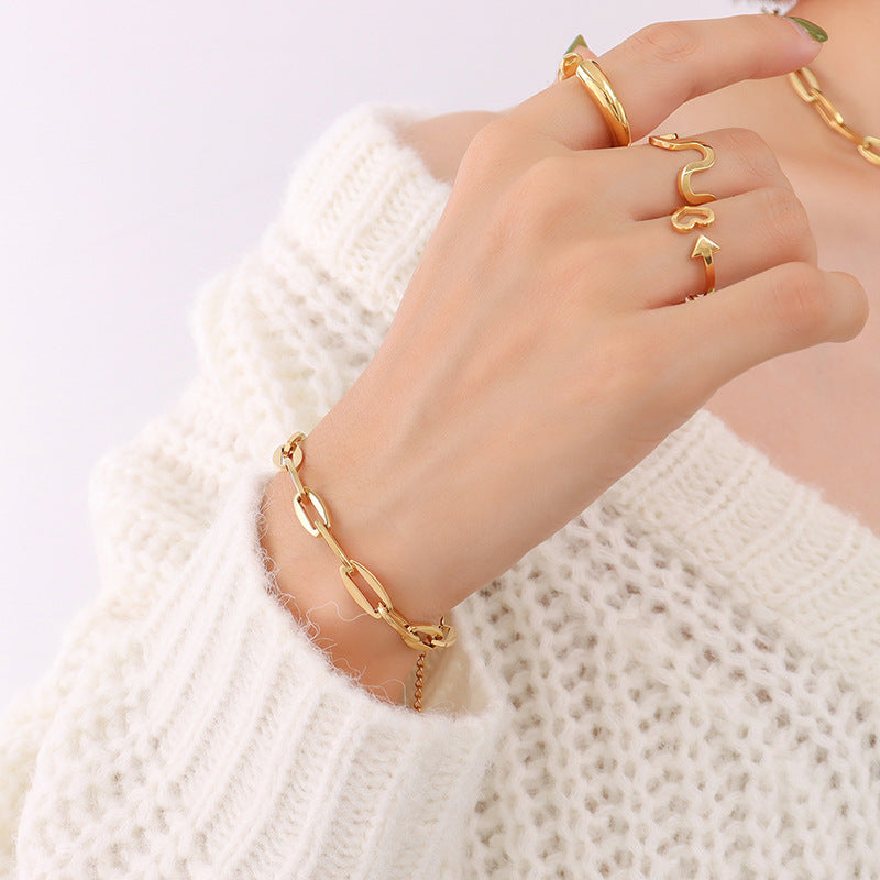 Hip-hop design geometric elements stacked simple bare chain titanium steel plated 18K gold bracelet accessories set pp