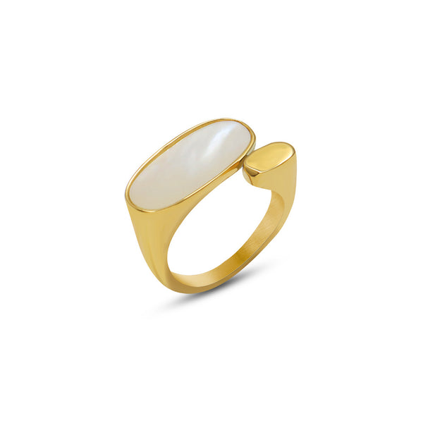 Cold Wind Niche Titanium Steel Plated 18k Gold Jewelry Mother White Oval Open Ring Women's Jewelry
