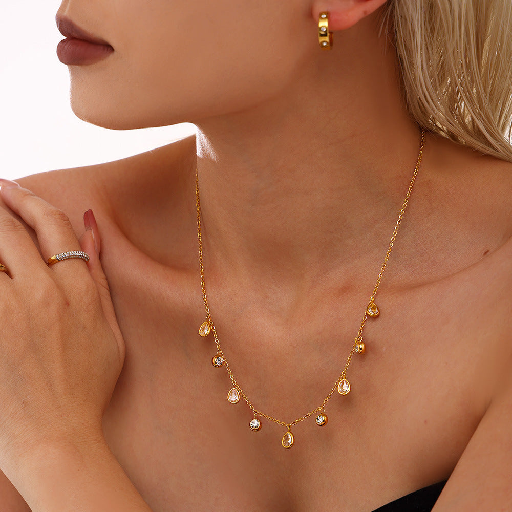 Water drop tassel Symphony rhinestone collarbone necklace European and American niche light luxury stainless steel plated 18k real gold jewelry 99