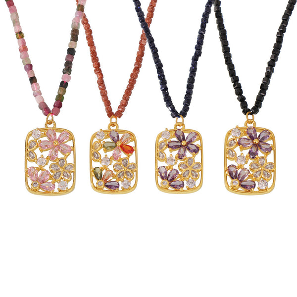 Color zircon small flower copper pendant necklace natural stone handmade beaded sugar cube luxury collarbone accessories spot