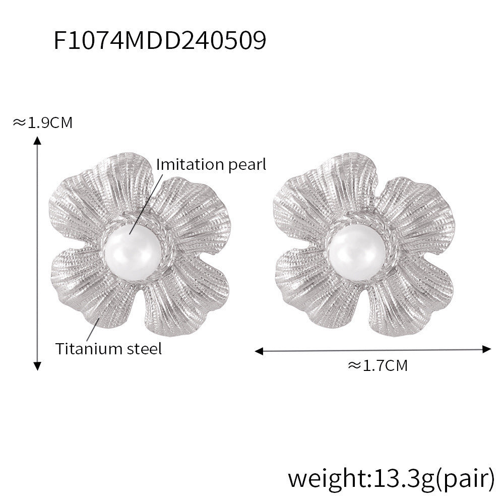 Textured petals flower inlaid bead stud earrings stainless steel electroplated 18K real gold earrings earrings combination