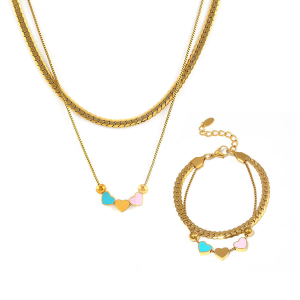 Hot-selling color drip love double-layer necklace bracelet retro niche light luxury stainless steel set jewelry pp