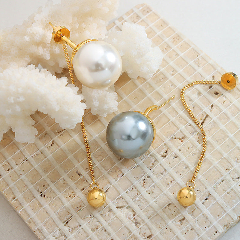 Exaggerated design fashionable personality imitation pearl white gray fringed earrings gold-plated chain steel ball pendant ear jewelry