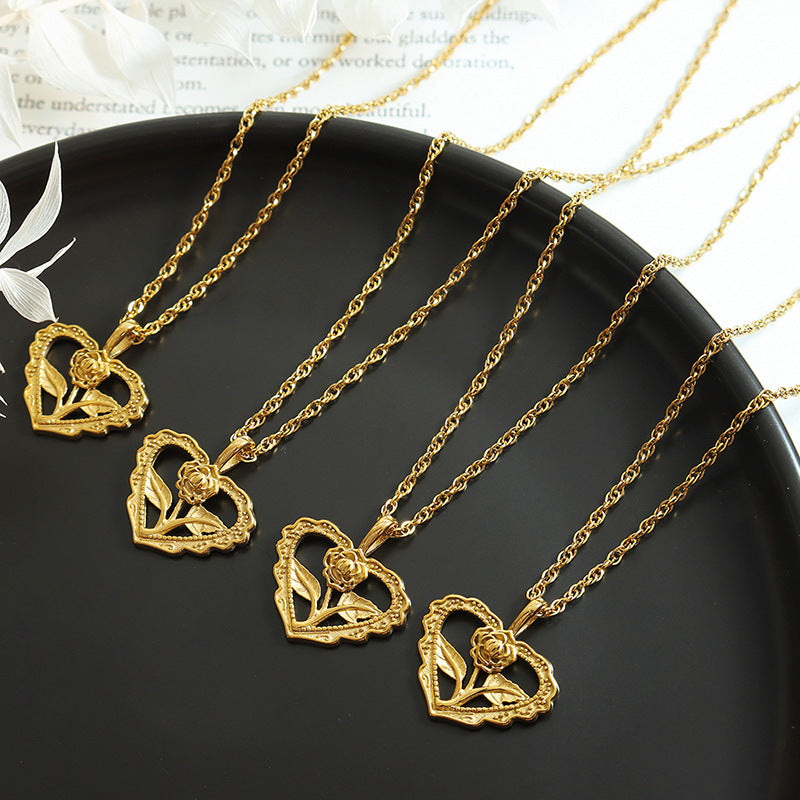 Vintage irregular love rose hollow pendant flower ring necklace titanium steel gold-plated jewelry set pp