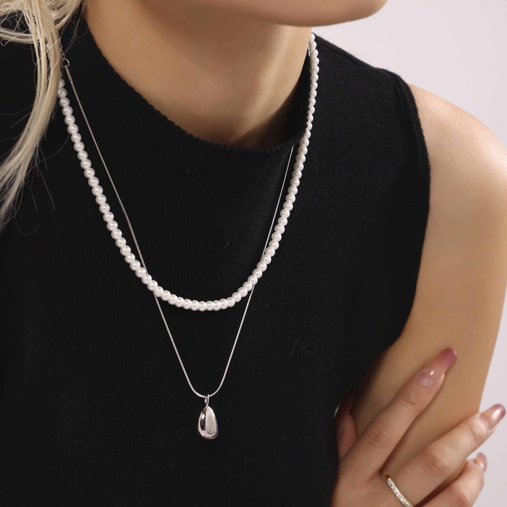 Water Drop Shijia Bead Double Layer Necklace Stainless Steel PVD Electroplating Real Gold Light Luxury Fashion Jewelry Spot
