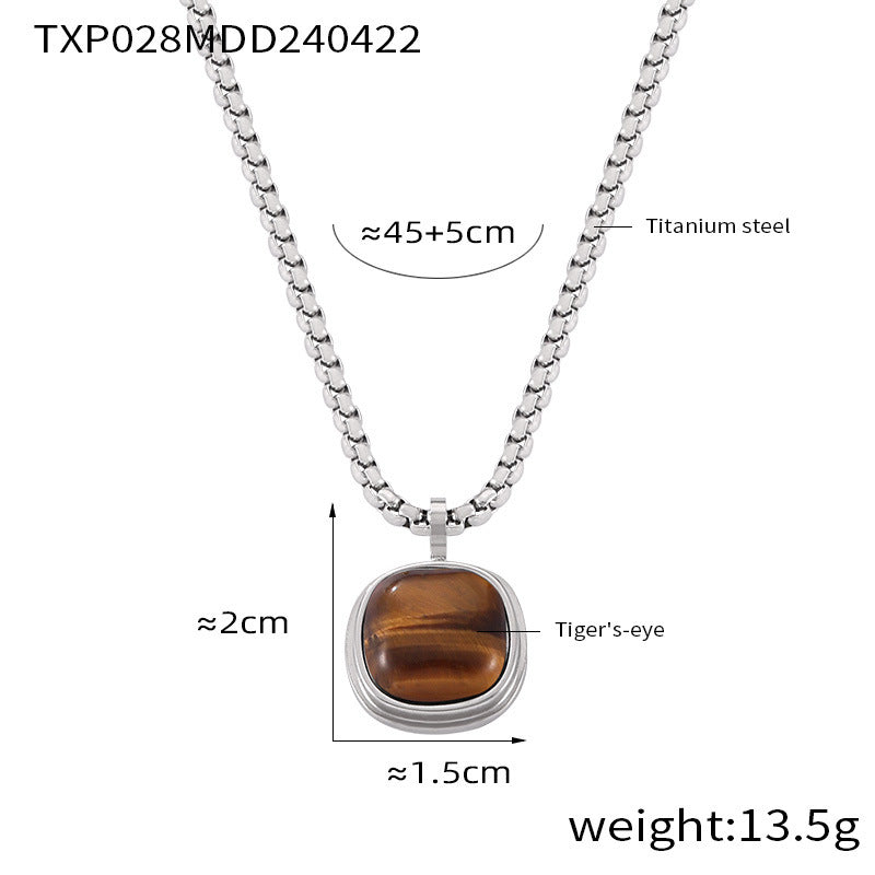 Retro niche light luxury jewelry inlaid with tiger's eye stone square pendant love titanium steel jewelry set