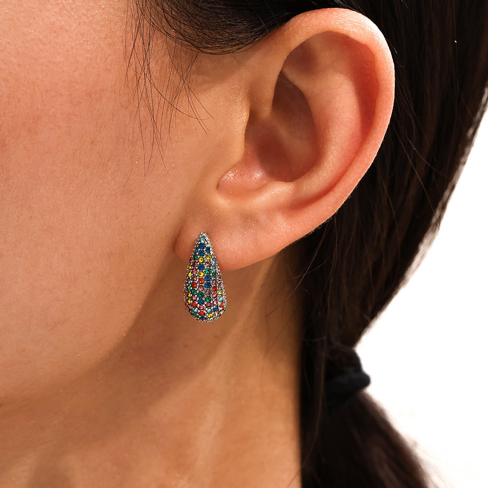 Stainless steel mixed color zircon water drop exquisite temperament stud earrings women's PVD plated 18K real gold spot 99