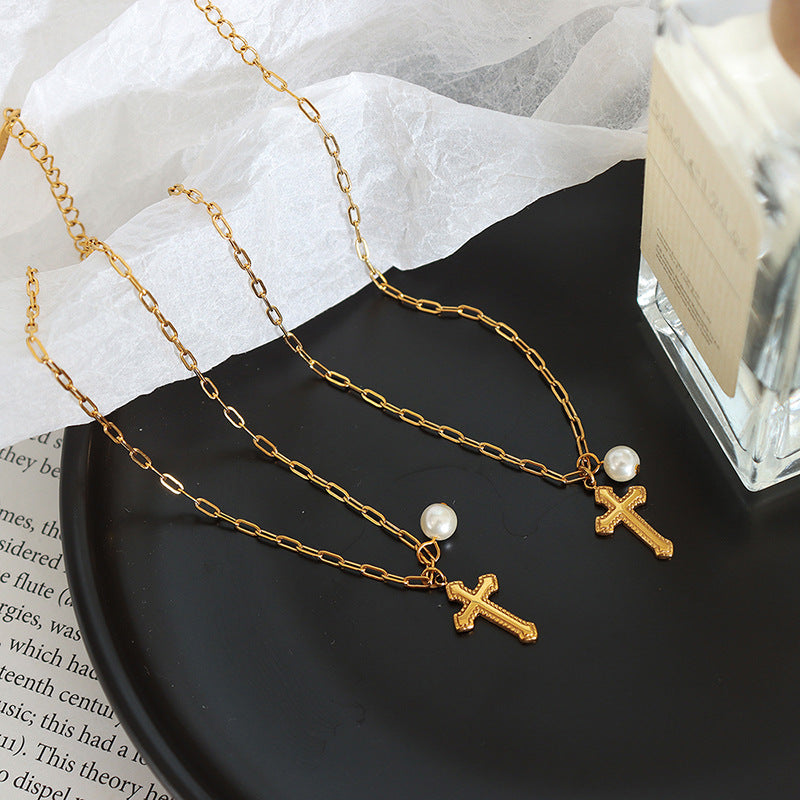 Summer exposed ankle niche design sense retro cross pendant pearl accessories anklet jewelry