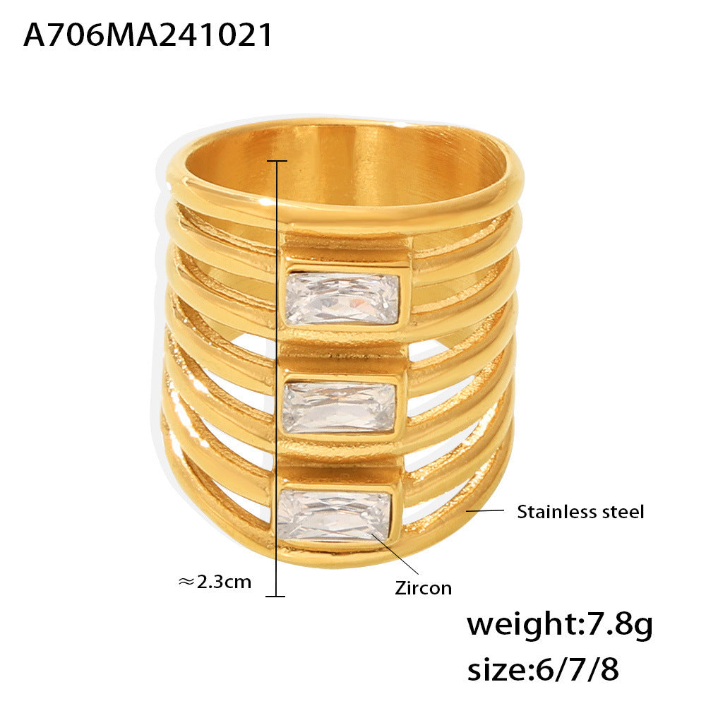 Multi-layer square zircon exaggerated ring women's fashion hollow versatile stainless steel gold-plated non-fading index finger ring pp
