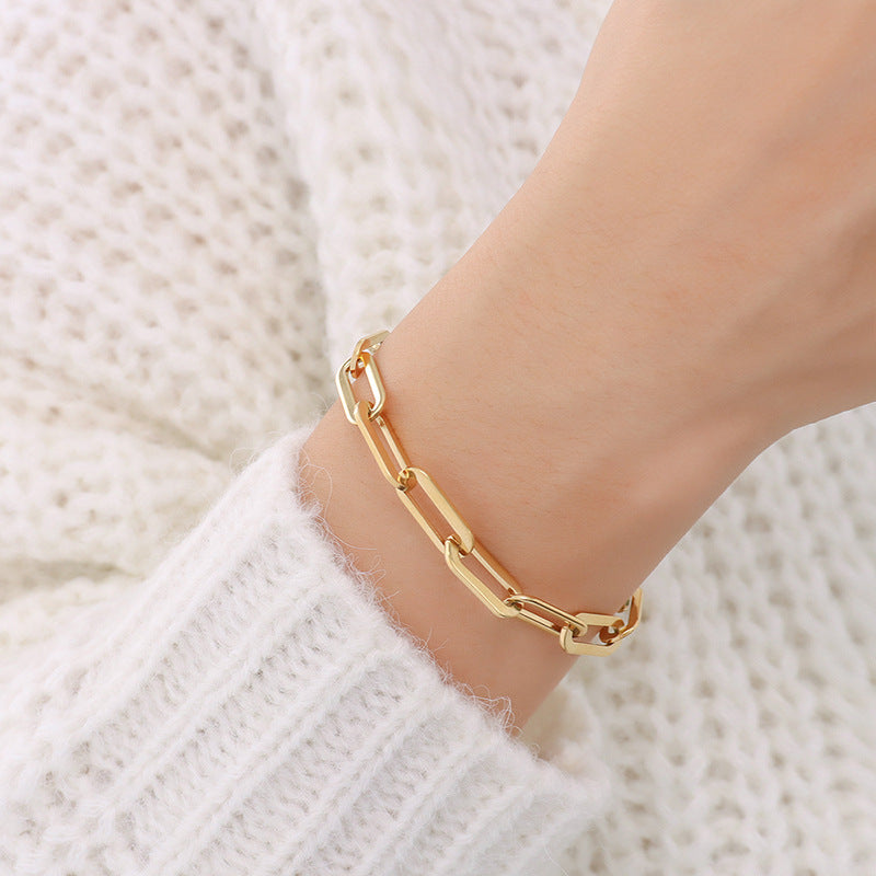 Hip-hop design geometric elements stacked simple bare chain titanium steel plated 18K gold bracelet accessories set pp