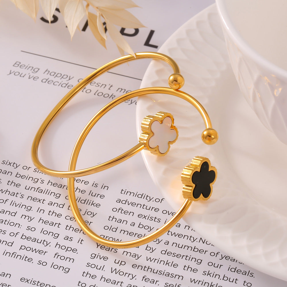 Fresh, stylish and simple personalized flower jewelry inlaid with white shell acrylic design titanium steel opening bracelet