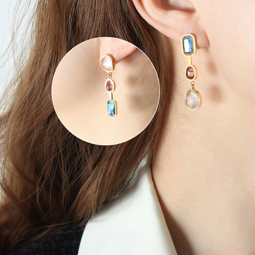 Personalized design titanium steel non-fading earrings asymmetrical inlaid spar colored earrings jewelry women 99