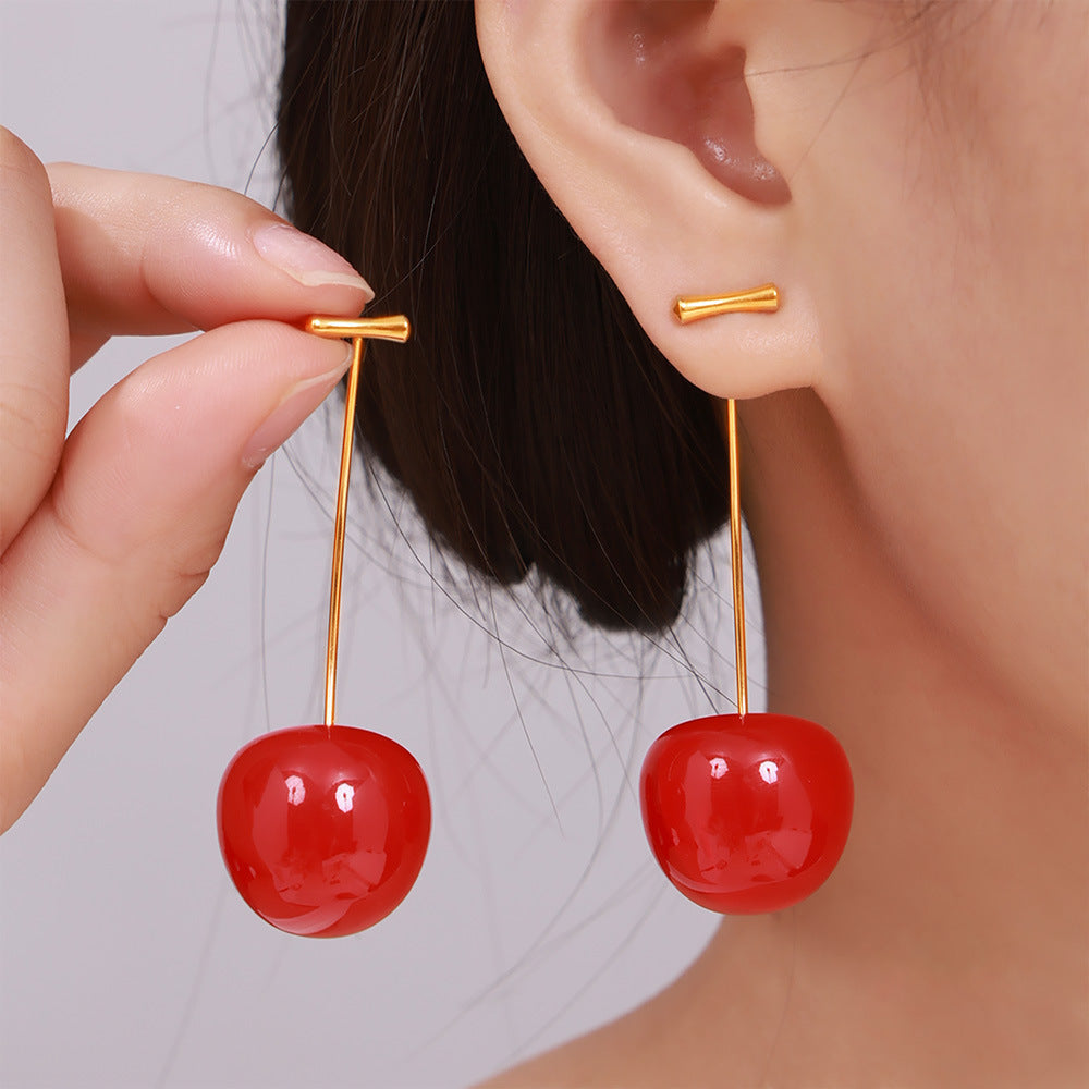 Small fresh cherry long earrings female personality Internet celebrity stainless steel resin cherries creative temperament stud earrings