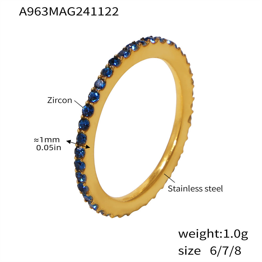 1.5mm ultra-fine full diamond zircon ring niche couple ring PVD plated 18K real gold does not fade tail ring