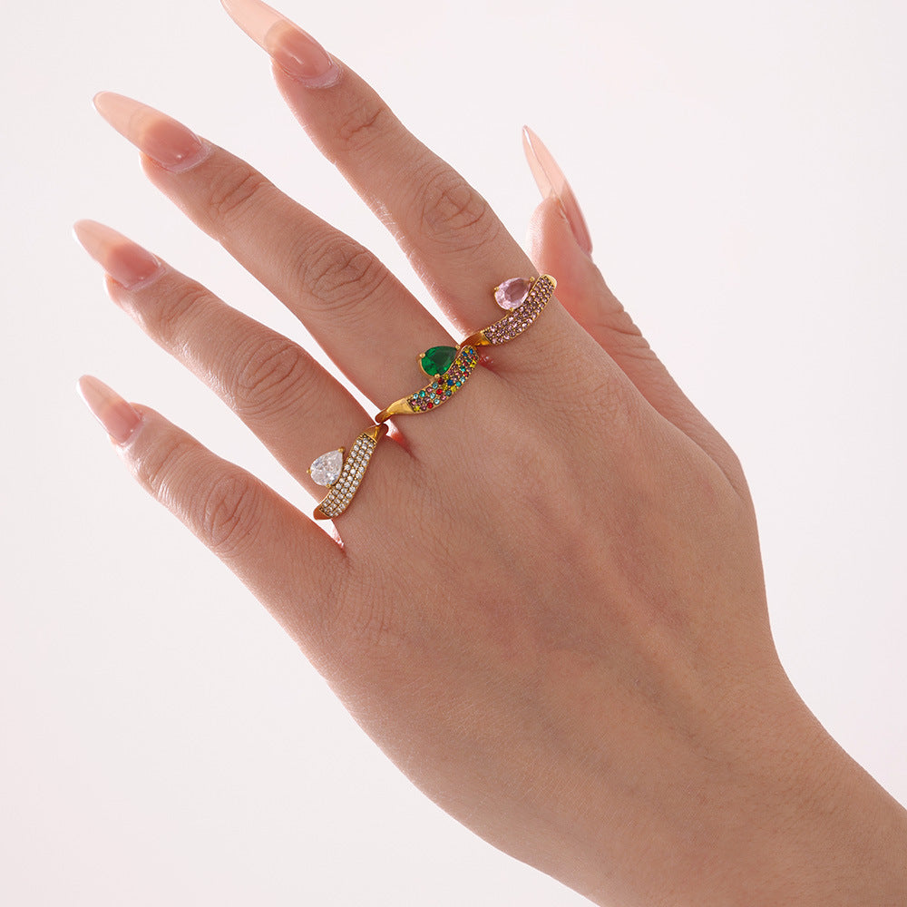 Super flash full diamond zircon water drop ring design sense niche light luxury titanium steel plated 18k gold index finger ring