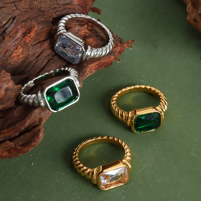 Internet celebrity textured inlaid shining section rectangular zircon light luxury personality high sense titanium steel ring 99