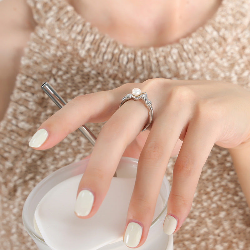 Regular metal wind inlaid natural freshwater pearl ring cold wind opening niche jewelry pp
