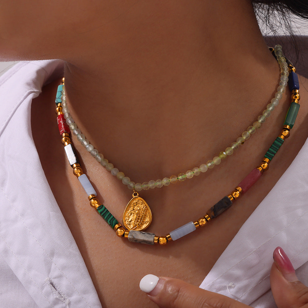 Dopamine Wear Personality Elegant Simple Light Luxury Jewelry Natural Stone Handmade Beaded Design Titanium Steel Necklace