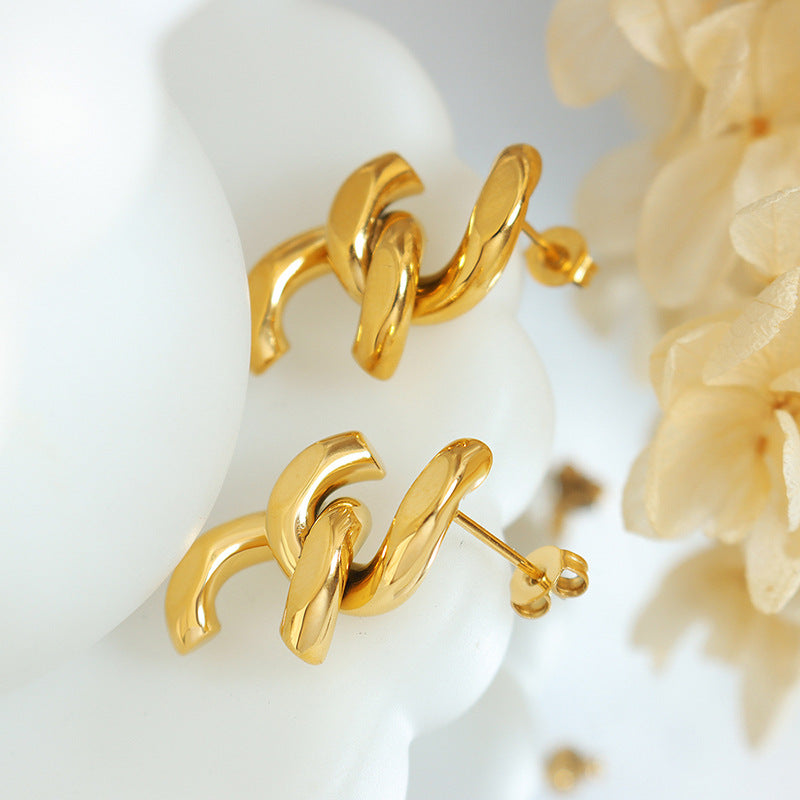 Chain splicing stud earrings women's titanium steel plated 18k gold earrings personalized ins cold wind earrings wholesale F393pp