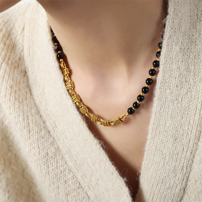 New retro light luxury fashion titanium steel gold-plated niche design versatile black agate AB chain necklace jewelry women