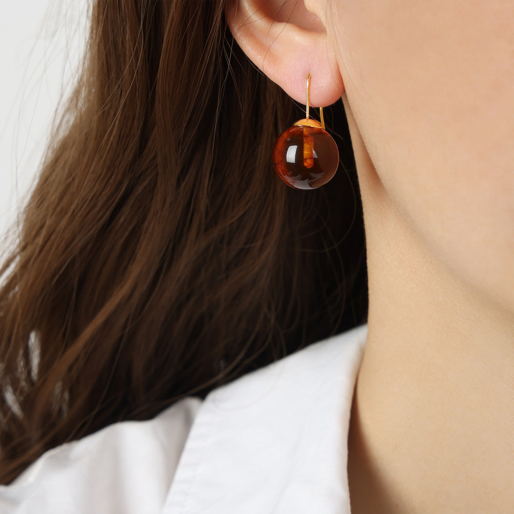 New retro light luxury style round bead resin geometric copper earrings niche simple personalized jewelry women