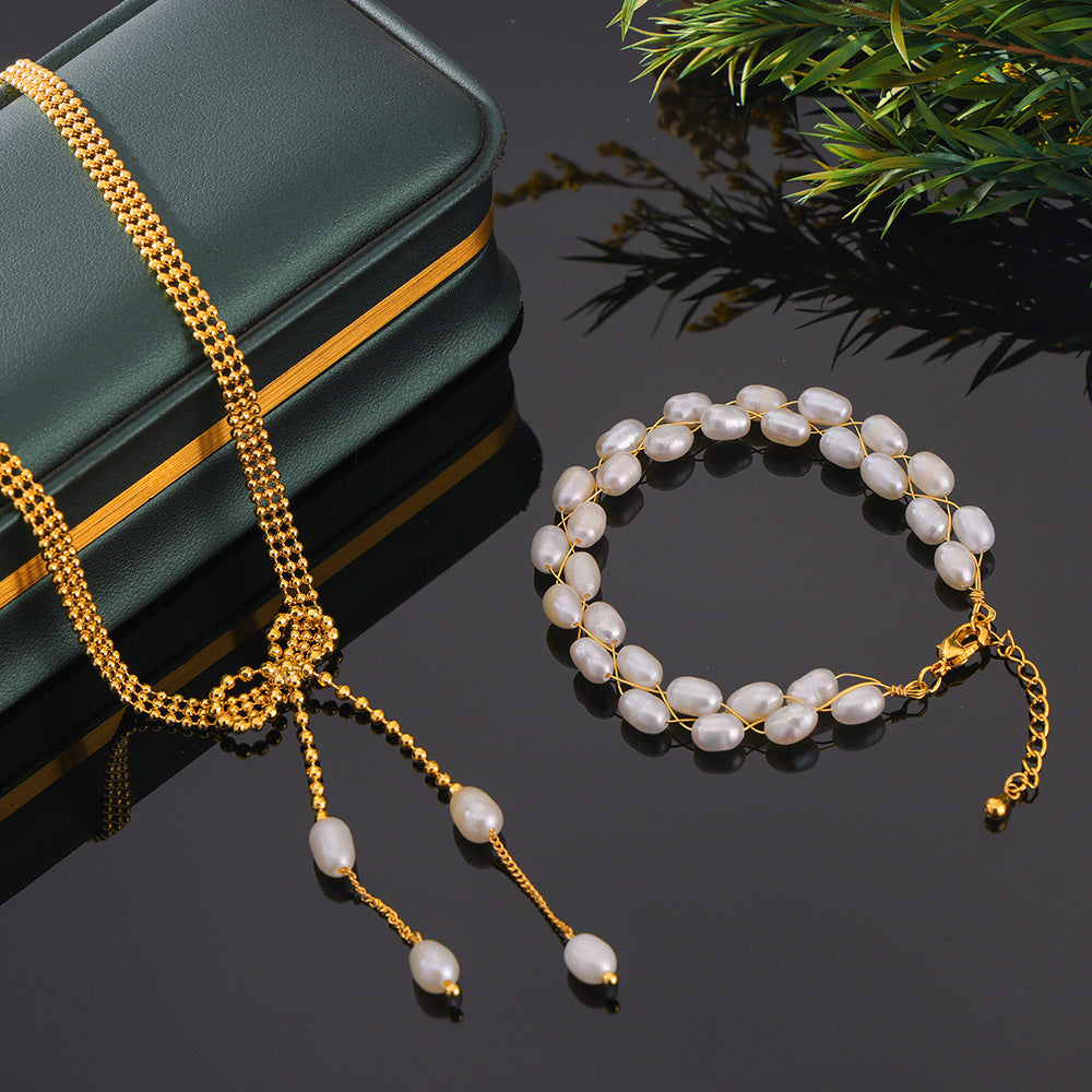 Elegant temperament gentle freshwater pearl jewelry geometric multi-layer line design copper jewelry set