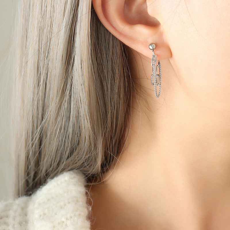 Trendy non-fading fringed double-layer chain earrings titanium steel gold-plated studs wholesale F317