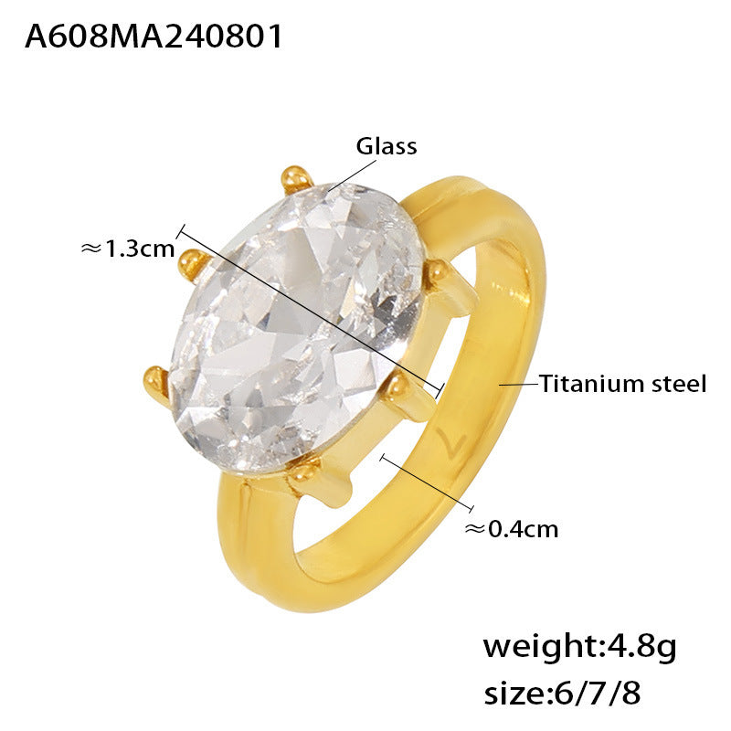 Court style oval glass stone ring luxury temperament titanium steel plated 18k real gold index finger ring jewelry