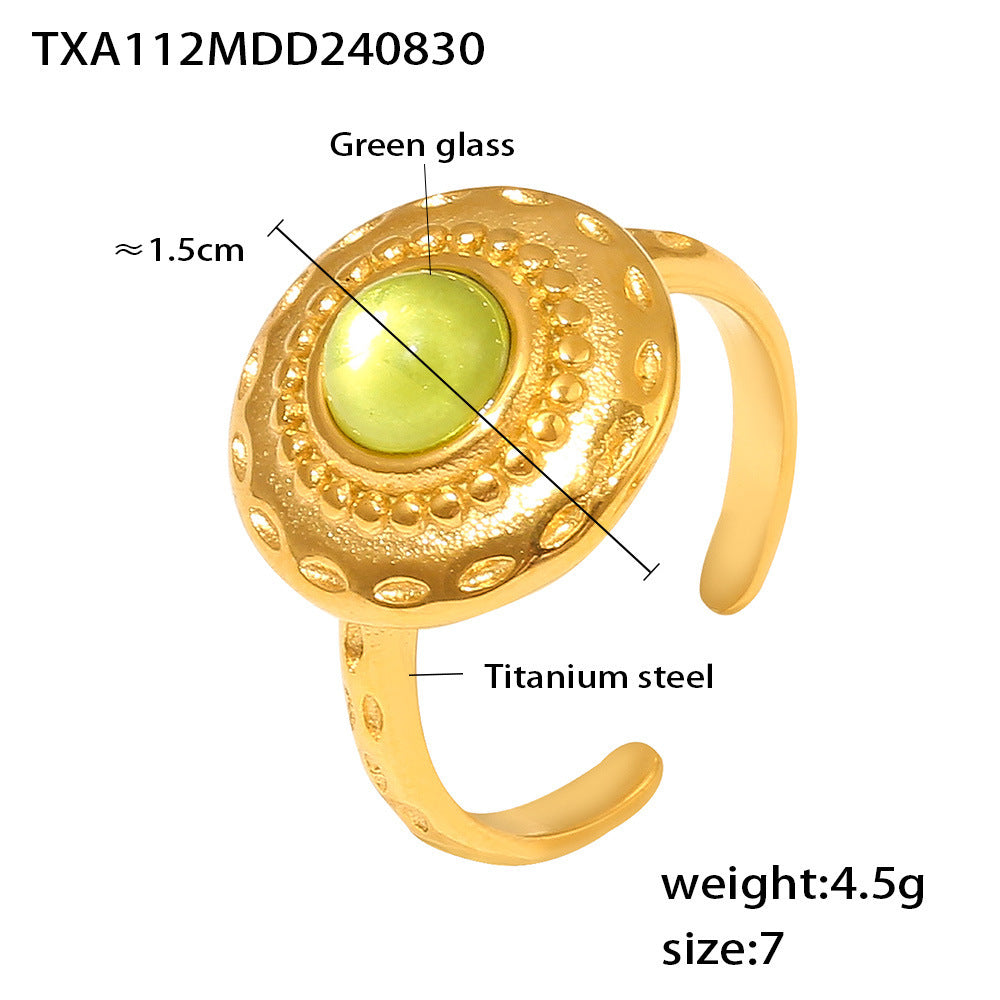 Vintage square threaded green glass earrings, court style open ring set, titanium steel PVD plated 18K real gold.