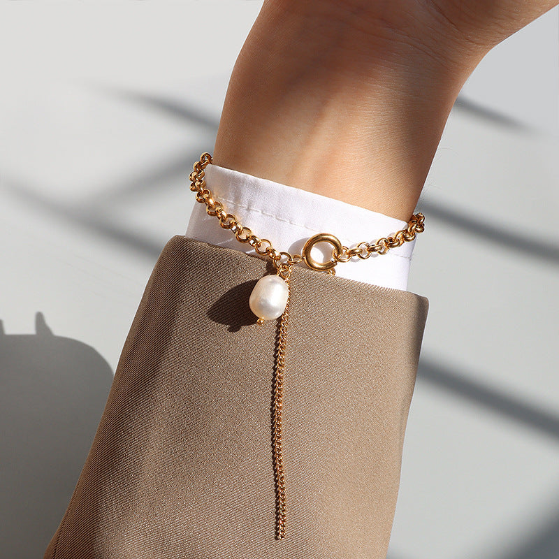 Light luxury fringed bracelet Baroque freshwater pearl jewelry women's titanium steel plated 18K gold personality versatile