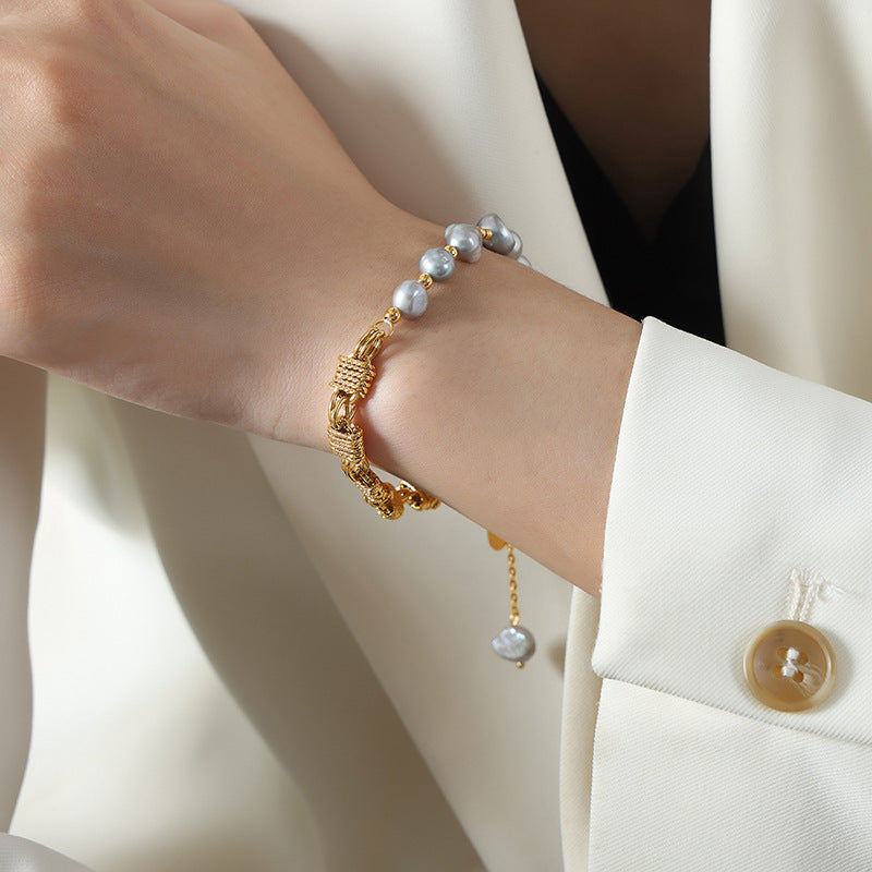 New high-end niche men's brass freshwater pearl handmade beaded natural stone black agate bracelet women