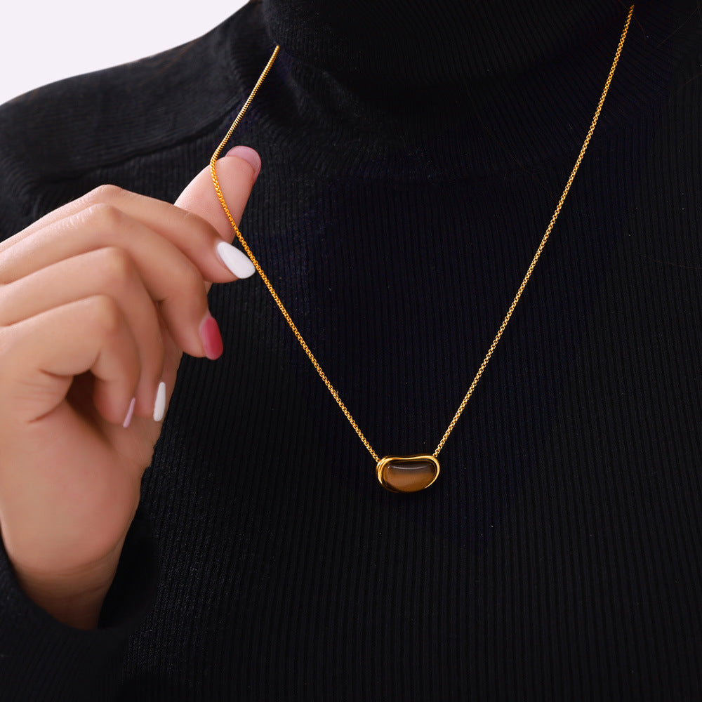 Vintage niche design sense geometric jewelry cold wind temperament tiger's eye stone Maillard wind titanium steel necklace