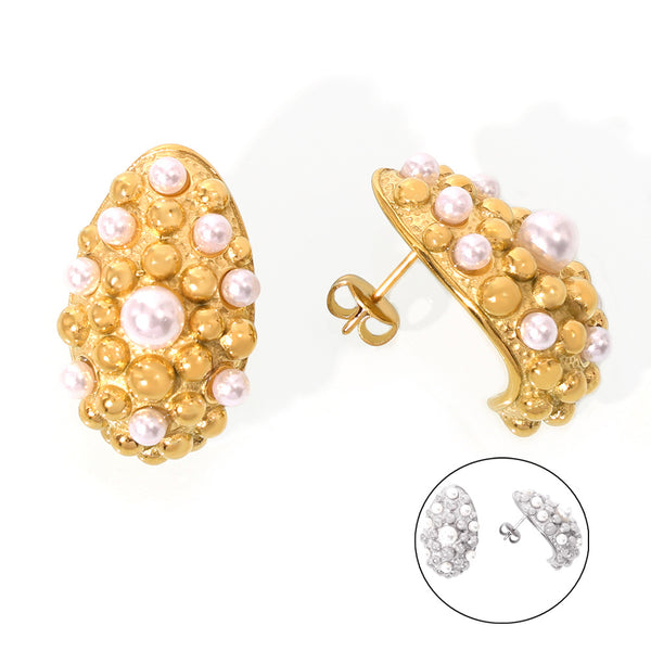 Wind fashion simple personality water drop shape elegant earrings inlaid bead design titanium steel gold-plated stud earrings